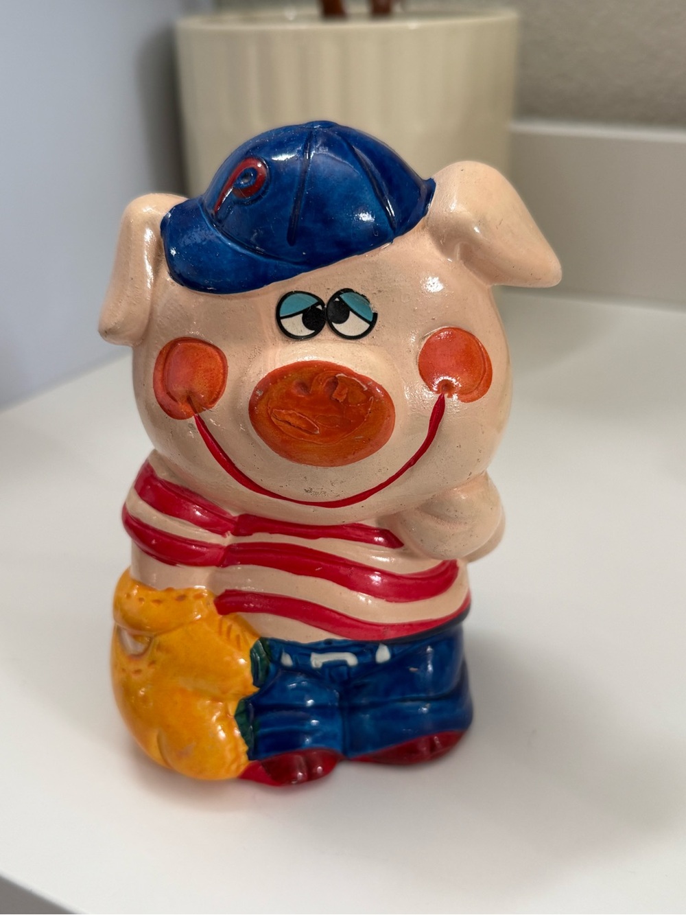 Vintage Striped Ceramic Piggy Bank